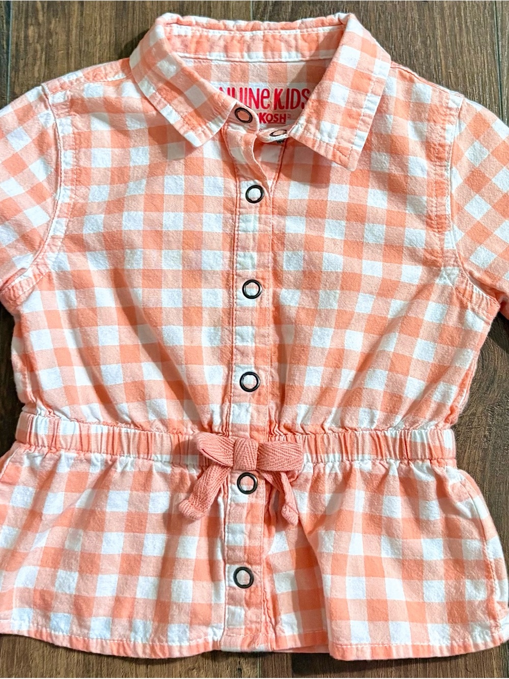 Gymboree Peach and White Gingham Drawstring Peplum Top